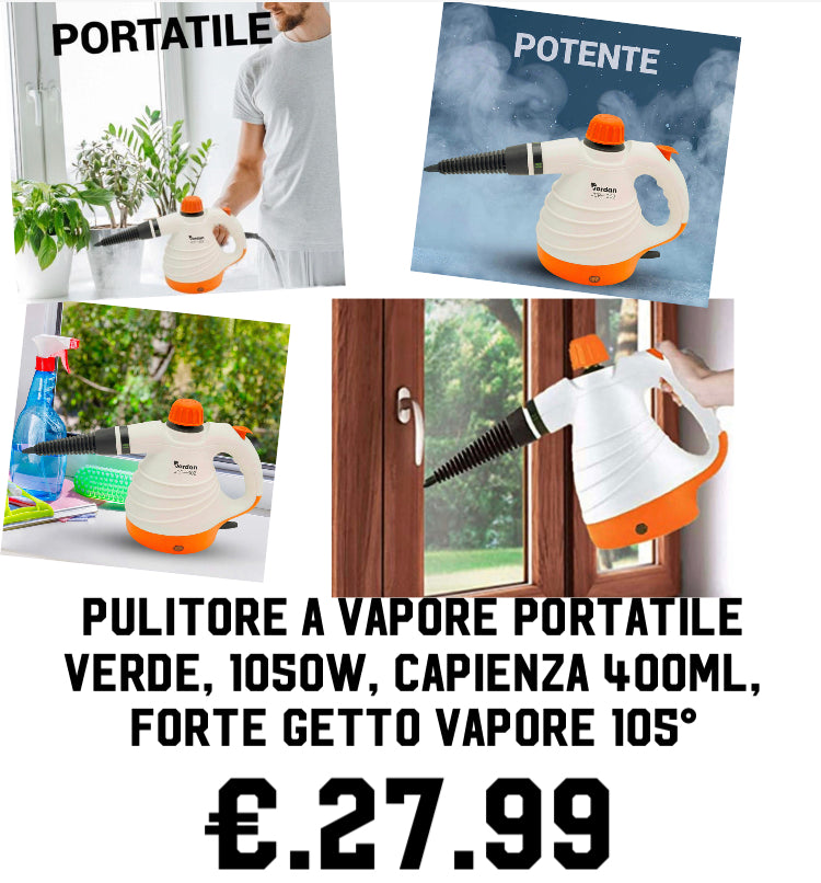 Pulitore A Vapore Portatile Verde, 1050W, Capienza 400ml, Forte Getto Vapore 105°