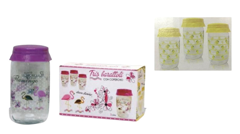 Tris Set 3 Barattoli Vetro Con Coperchio Decorati Fenicottero 1Lt